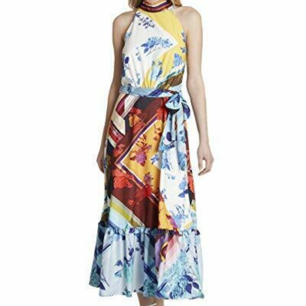TAHARI SLEEVELESS MOCK NECK RUFFLE HEM DRESS - Picture 4 of 6